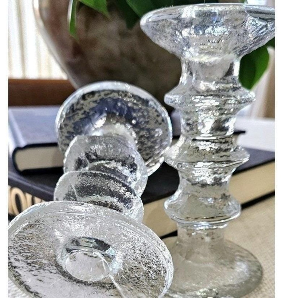 Scandinavian Ice Glass Candle Holders Pair Heavy Textured Block Glass MCM - Picture 5 of 6